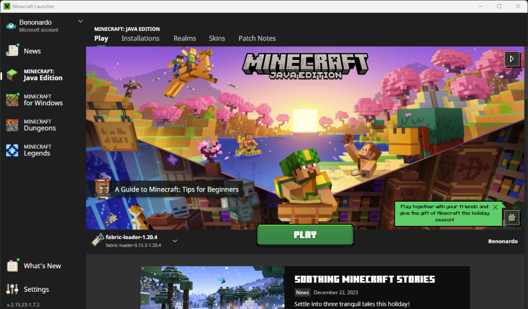 Minecraft Launcher com o perfil Fabric selecionado